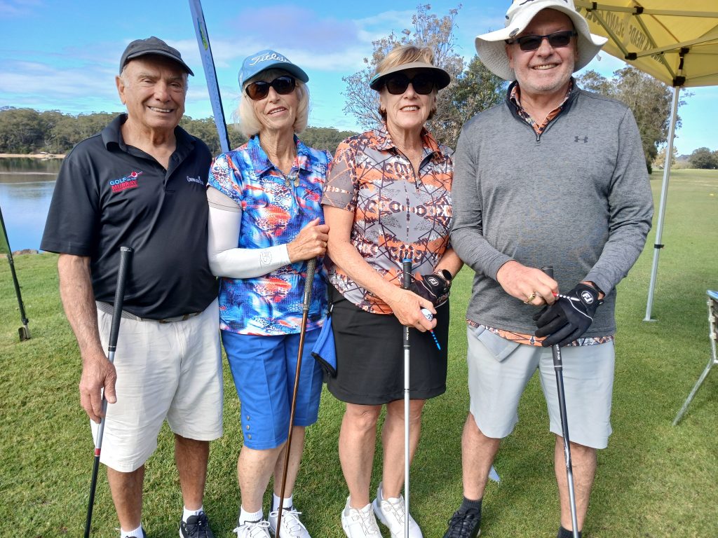 All smiles on the first tee on the first day: Sam and Gabriella Catanzariti from Shelley Beach and Sandra and Raymond Carrall from Belmont.
