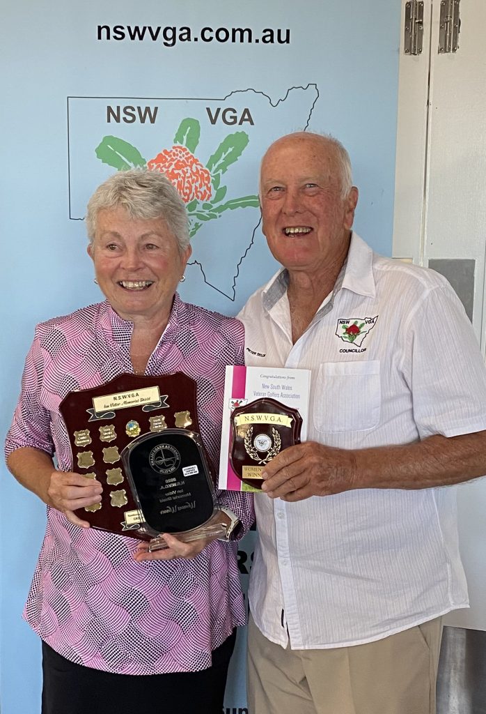 Ladies 36-hole winner Jackie Wheeler with NSW Veterans Golfers’ Association Councillor Peter Taylor.